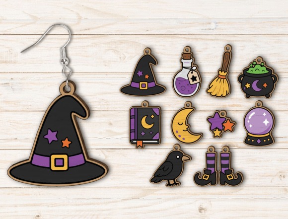 25 Laser Cut Halloween Jewelry Ideas 4 Laser cut Halloween jewelry featuring witch hat, potion bottle, broom, cauldron, spell book, moon, stars, crystal ball