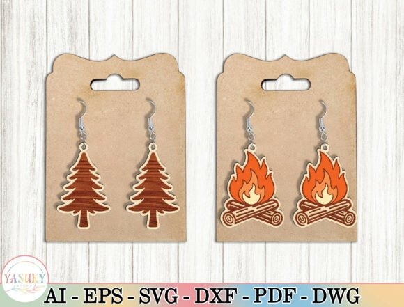 Laser cut wood earrings shaped like pine trees and campfires on display cards