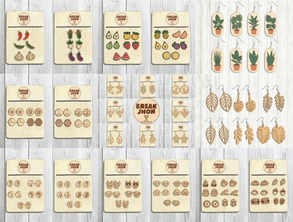 laser cut wood earrings with fruit, vegetable, plant, geometric, and animal designs displayed on cards