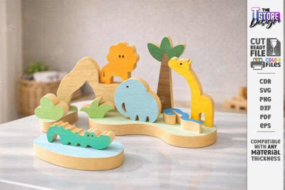 21 Laser Cut Toys for Kids and Creative Play 12 Laser cut toys wooden animal building blocks including lion, elephant, giraffe, crocodile, and tree shapes on a table