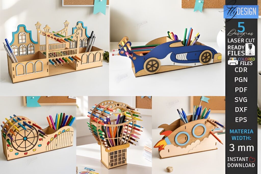 21 Laser Cut Organizer SVG Files for Home Storage Projects 2 laser cut organizer designs including a wooden desk organizer shaped like a building, a car, a clock, a tree, and a rocket