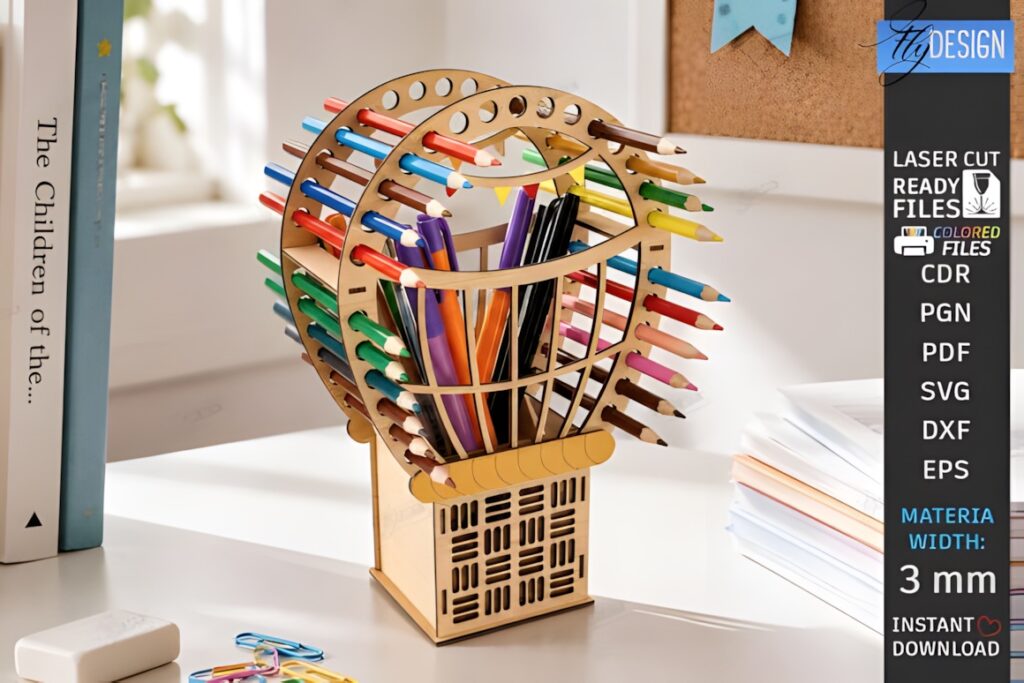 21 Laser Cut Organizer SVG Files for Home Storage Projects 3 Laser cut organizer shaped like a hot air balloon holding colored pencils on a desk