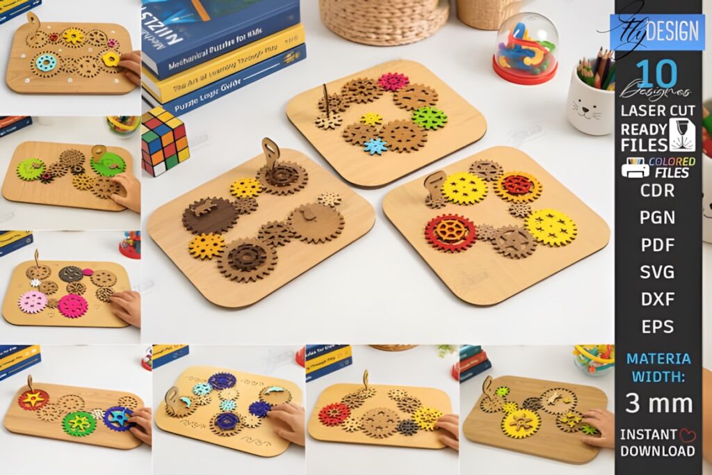 22 Educational Laser Cut Puzzles for Kids with SVG Files 24 Educational laser cut puzzles featuring wooden gear puzzle bundles demonstrating mechanical interaction and cause-and-effect