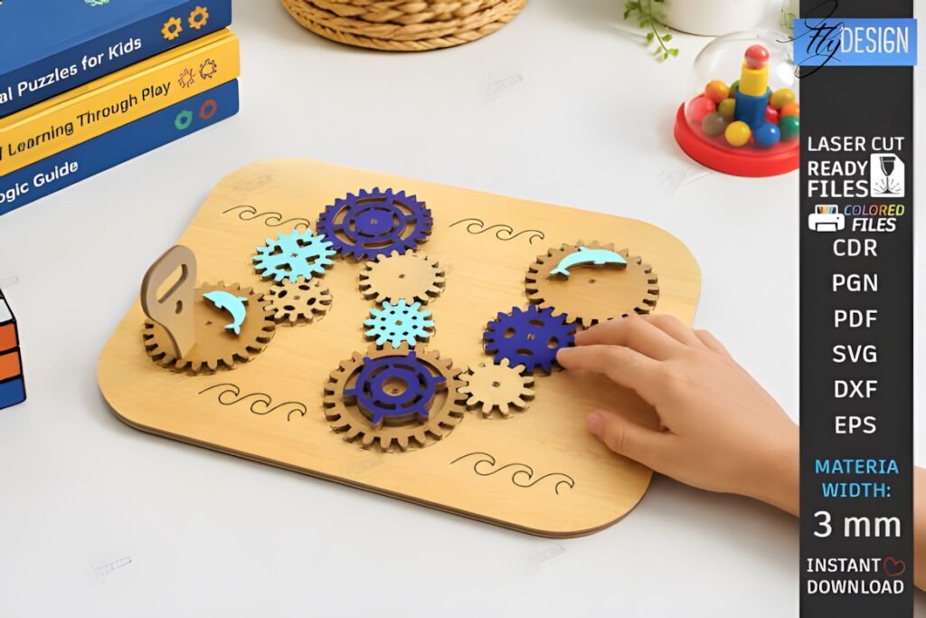 22 Educational Laser Cut Puzzles for Kids with SVG Files 25 Child assembling educational laser cut puzzles with interlocking wooden gears on a board