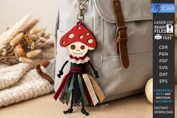 Laser Cut Halloween Keychain laser cut halloween keychain with red mushroom cap and skeleton face hanging on beige backpack