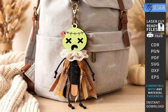 Laser Cut Halloween Keychain laser cut halloween keychain with bright green zombie-style head and stitched crossed eyes hanging on beige backpack