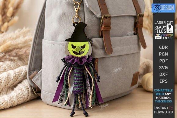 Laser Cut Halloween Keychain Witch Laser cut halloween keychain featuring a witch with a pointed black hat, green face, and purple ribbons attached to a gray