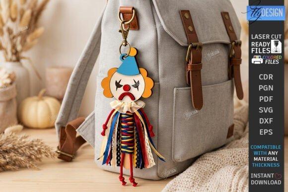Laser Cut Halloween Keychain Clown laser cut halloween keychain featuring a spooky clown with orange hair, blue hat, and multicolored ribbon body attached to a