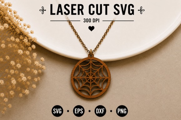Laser cut necklace with wooden spider web pendant on chain, ideal for Halloween jewelry and seasonal gifts