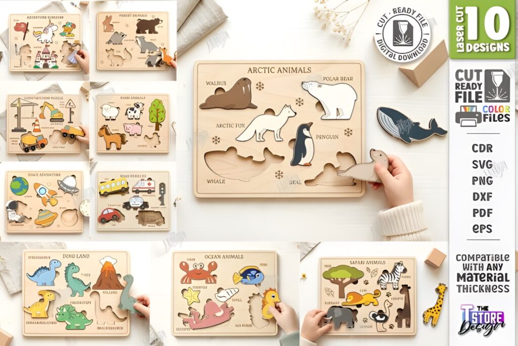 22 Educational Laser Cut Puzzles for Kids with SVG Files 36 Educational laser cut puzzles featuring various animal and vehicle shapes for kids' learning activities