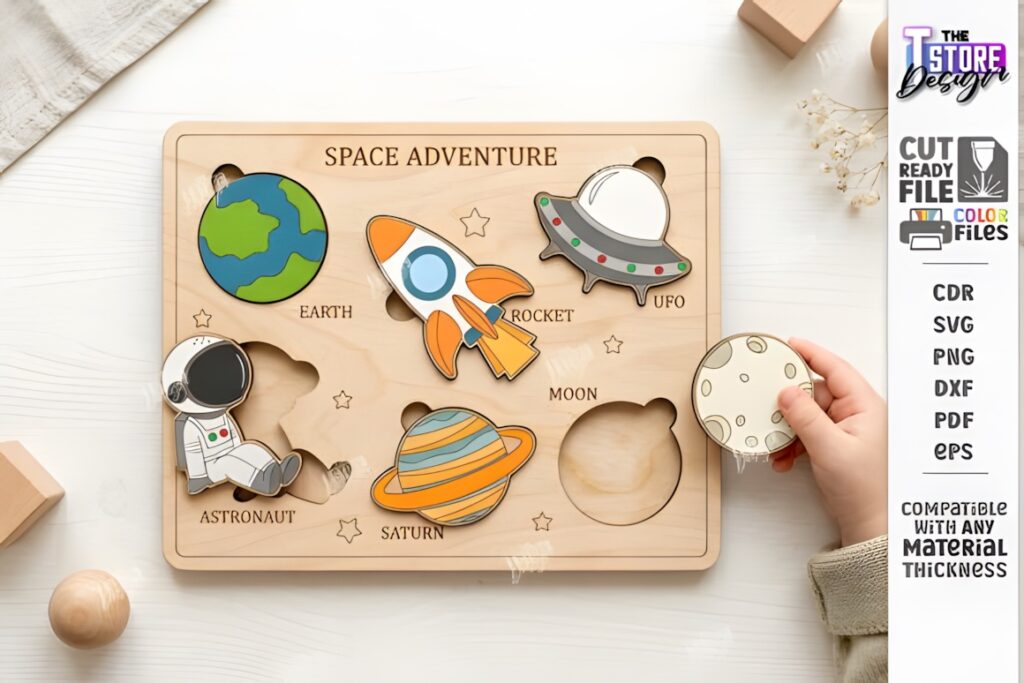 22 Educational Laser Cut Puzzles for Kids with SVG Files 37 Educational laser cut puzzles featuring space adventure theme with Earth, rocket, UFO, astronaut, Saturn, and moon pieces