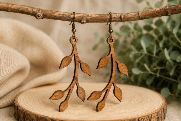 23 Laser Cut Wood Jewelry Ideas 8 Laser cut wood jewelry leaf branch earrings with organic silhouette hanging from a twig