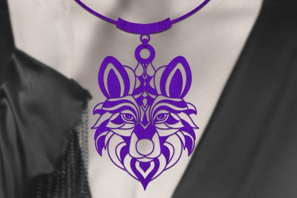 Purple laser cut necklace featuring a detailed wolf design pendant worn on a purple cord