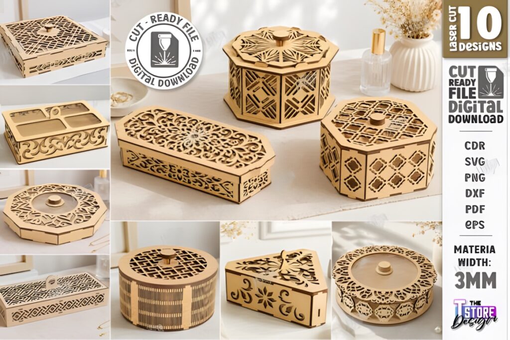 21 Laser Cut Organizer SVG Files for Home Storage Projects 17 Laser cut organizer wooden and acrylic decorative boxes with intricate patterns and clear acrylic lids