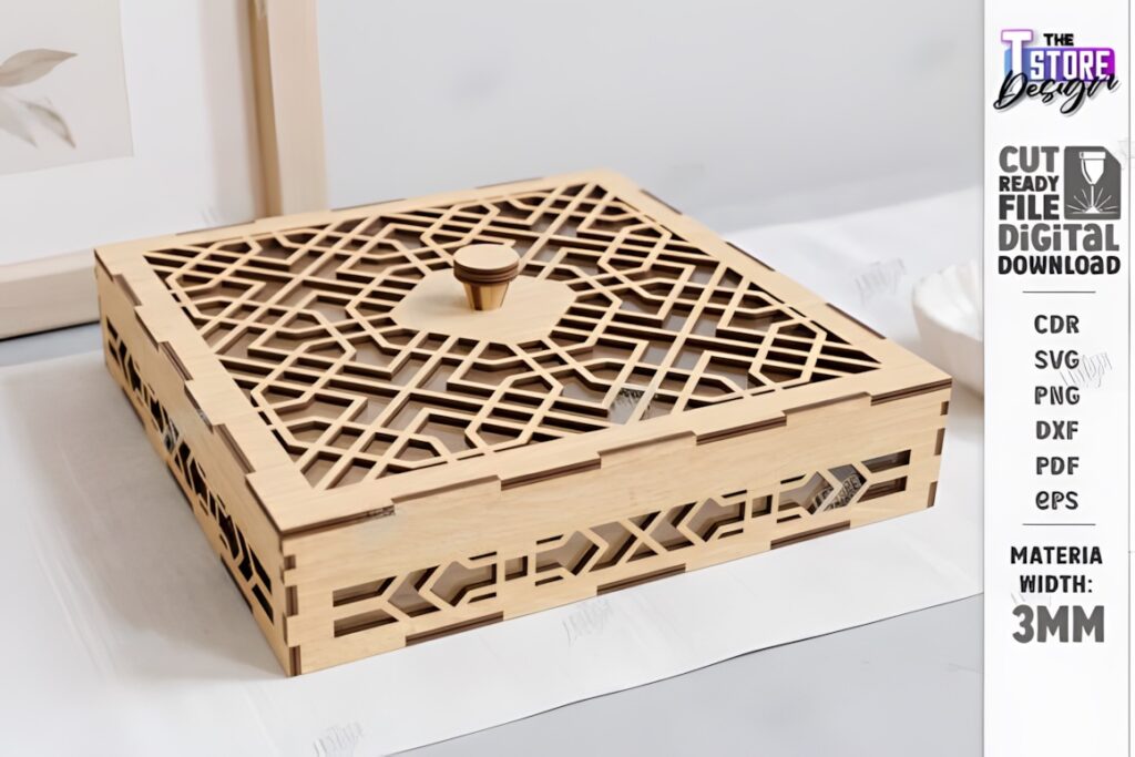 21 Laser Cut Organizer SVG Files for Home Storage Projects 16 Laser cut organizer wooden box with intricate geometric lid design and knob handle