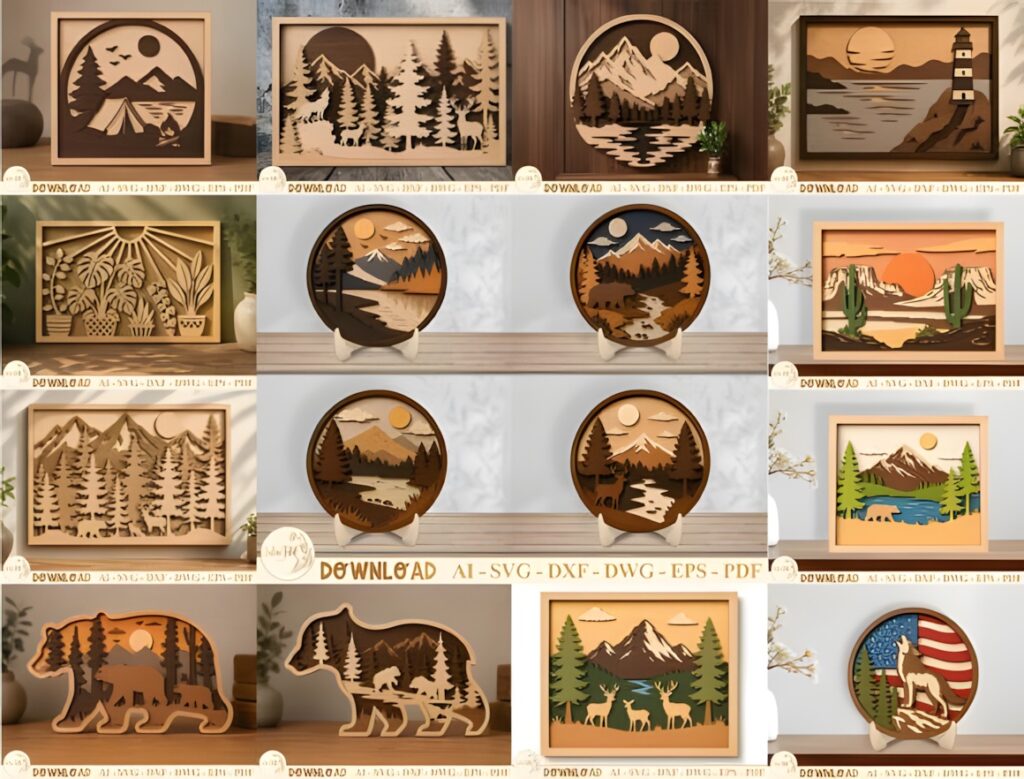 29 Laser Cut SVG Files for Wood, MDF and Acrylic Projects 8 laser cut SVG files for wood projects showing woodland landscapes with trees, mountains, animals, and nature scenes