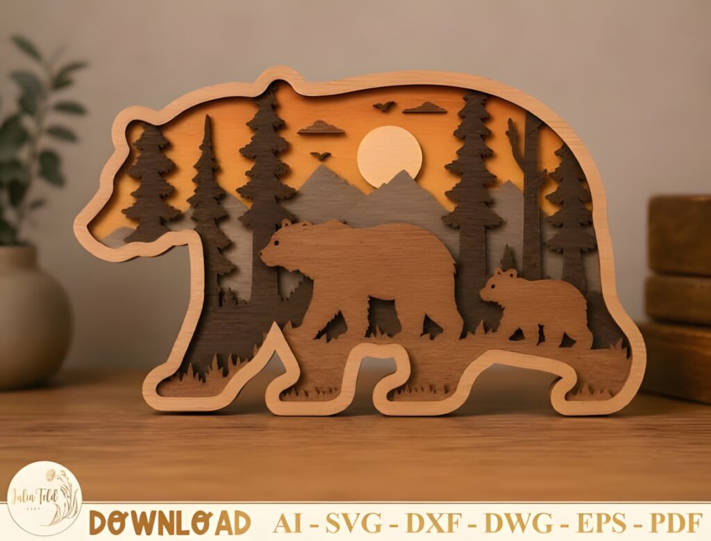 29 Laser Cut SVG Files for Wood, MDF and Acrylic Projects 9 Laser cut SVG files for wood projects showing layered woodland bear silhouette with trees and mountains
