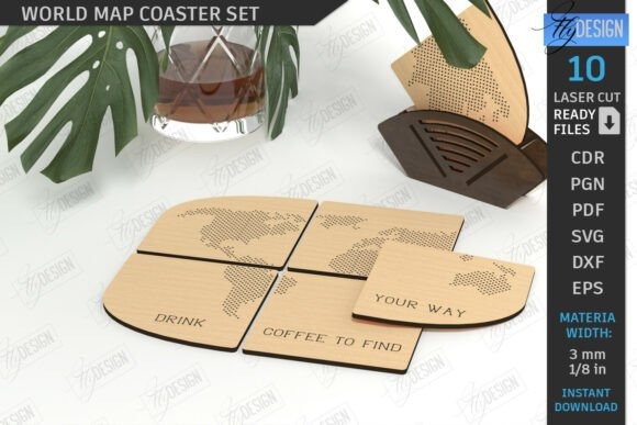 Laser engraving ideas showing a world map coaster set with engraved map and text on wooden coasters