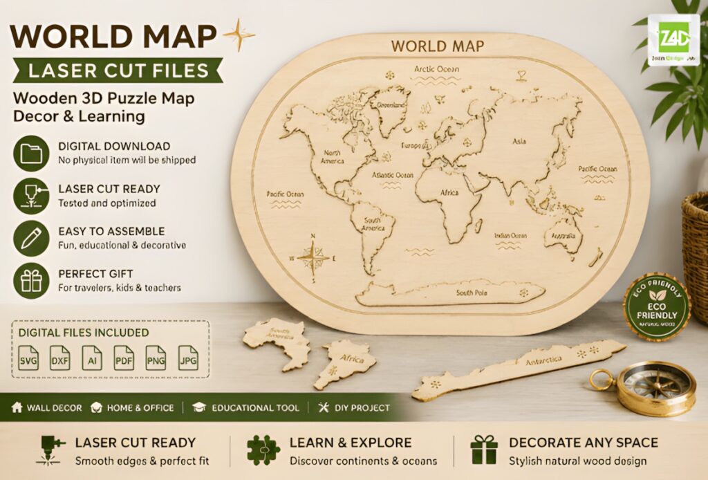 22 Educational Laser Cut Puzzles for Kids with SVG Files 15 Educational laser cut puzzles wooden 3D world map with labeled continents and oceans for geography learning