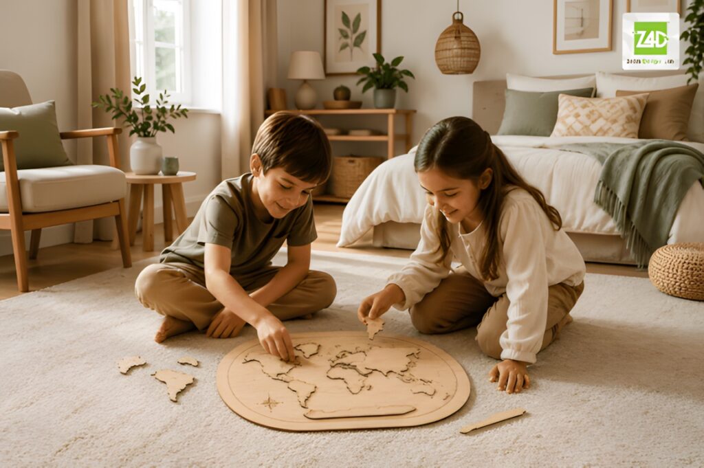 22 Educational Laser Cut Puzzles for Kids with SVG Files 14 Children playing with educational laser cut puzzles of a world map on a carpet in a cozy room