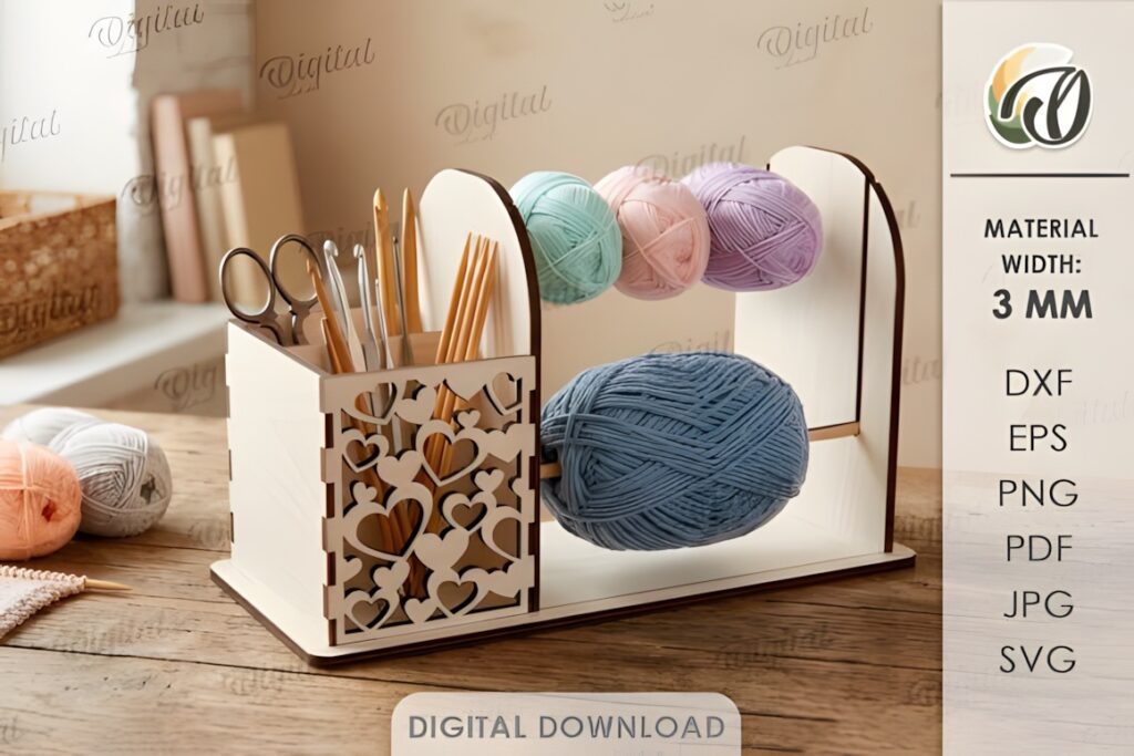 21 Laser Cut Organizer SVG Files for Home Storage Projects 22 laser cut organizer for yarn holders with heart cutouts and multiple yarn spools on wooden table