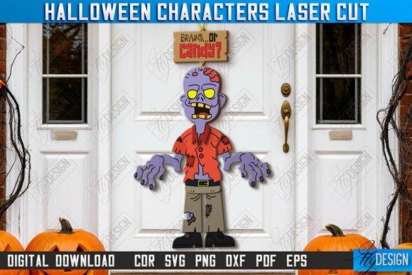 Zombie Laser Cut Decoration — laser cut Halloween decorations Laser cut Halloween decorations featuring a zombie character on a white door with pumpkins on the porch