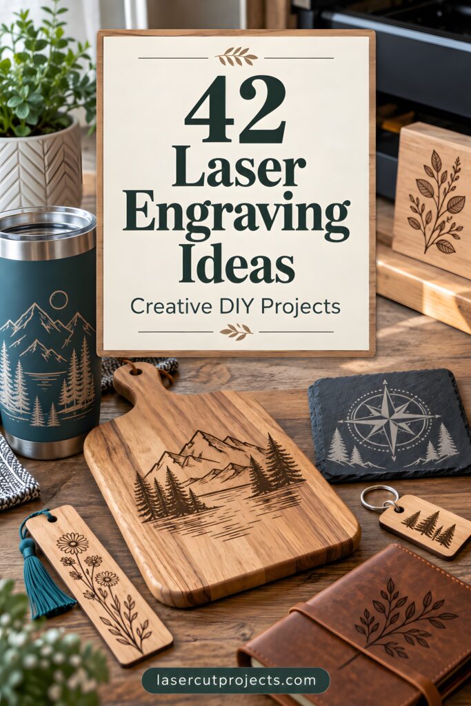 Laser engraving ideas on wood cutting board, bookmarks, slate coaster, and tumbler with nature and floral designs
