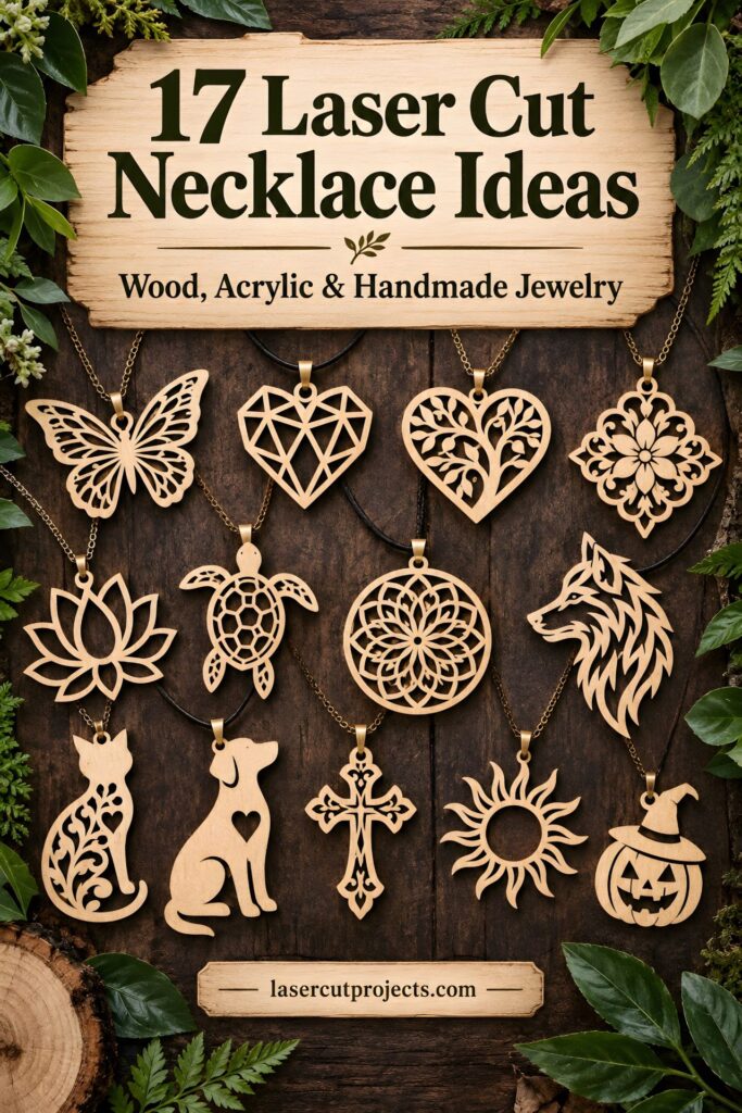Collection of laser cut necklace pendants including butterfly, geometric heart, floral, animal, mandala, and seasonal designs