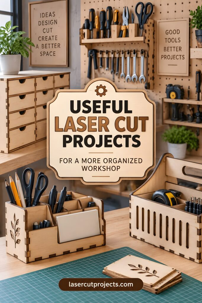 10 Laser Cut Projects for Useful Home and Workshop Builds 1 Laser cut projects for home and workshop including wooden organizers, tool holders, and storage boxes arranged neatly on a