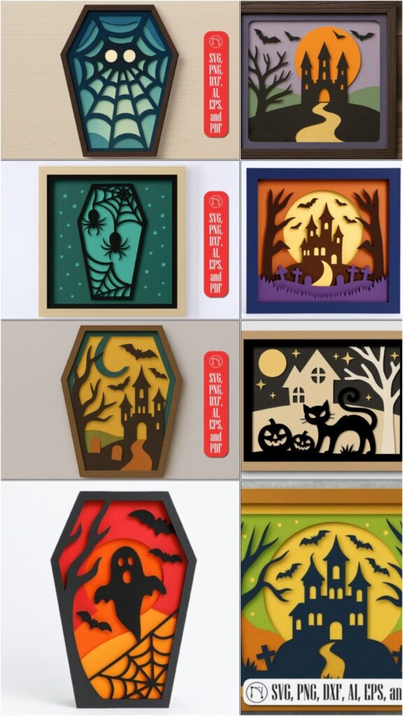 Halloween Laser Cut Ideas Halloween laser cut ideas showing multilayer shadow-box designs with haunted houses, ghosts, bats, pumpkins, cats, and