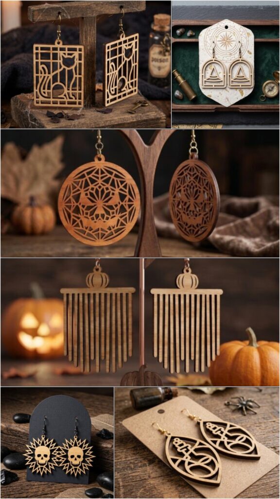 Halloween Laser Cut Earrings Set — Halloween laser cut ideas Halloween laser cut ideas showing six different earring designs including witch hat, spider web, pumpkin, skull, gothic