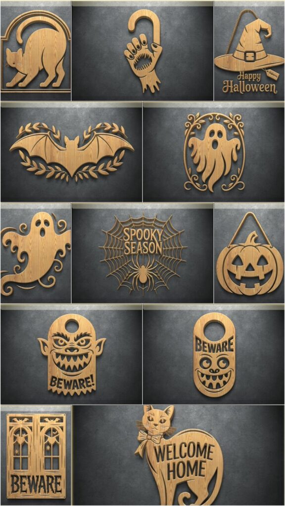 Halloween Laser Cut Ideas Wooden Halloween laser cut ideas including cat, hand, witch hat, bats, ghosts, spider web, pumpkin, and spooky signs