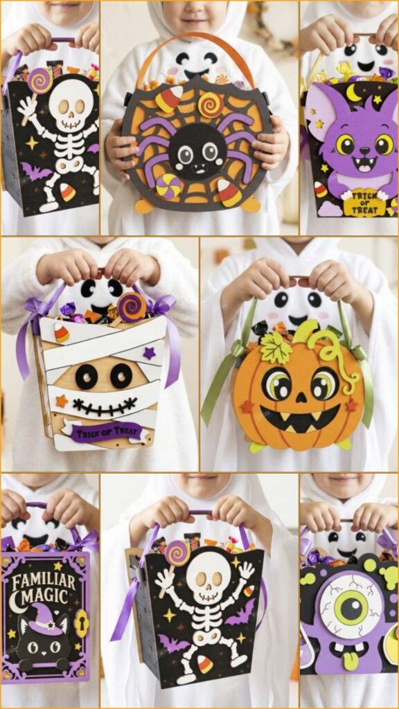 Laser Cut Halloween Treat Baskets — laser cut Halloween decorations Laser cut Halloween decorations featuring colorful treat baskets with skeleton, spider, bat, mummy, pumpkin, magic book, and
