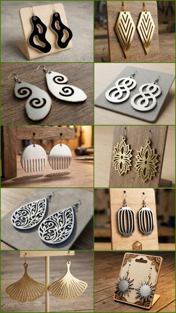 45 Best Laser Cut Acrylic Jewelry Ideas 5 Various laser cut acrylic jewelry earrings in neutral and metallic finishes displayed on stands
