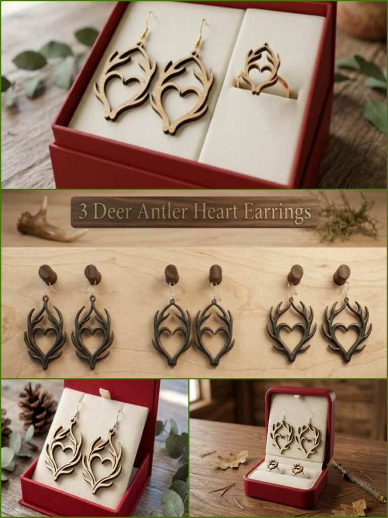45 Best Laser Cut Acrylic Jewelry Ideas 11 Laser cut acrylic jewelry featuring three deer antler heart earring designs in natural wood tones displayed in a red jewelry