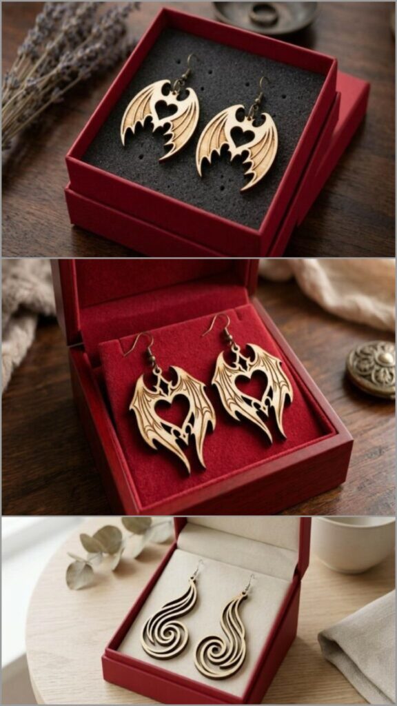 45 Best Laser Cut Acrylic Jewelry Ideas 12 Laser cut acrylic jewelry earrings with gothic and dark fantasy designs in red and black boxes
