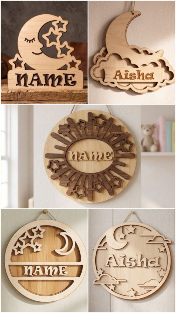 Laser Engraving Projects for Gifts, Signs and Home Decor 8 Laser engraving projects for gifts and home featuring wooden nursery name signs with moon, stars, and cloud designs