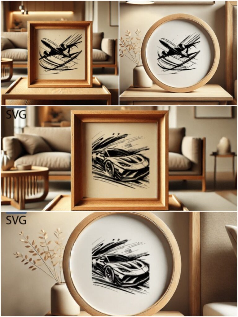 10 Laser Engraving Projects for Wood, Metal and Acrylic 3 laser engraving projects for wood metal showing framed engraved images of a plane and a car in wood and acrylic
