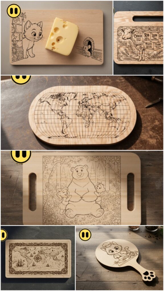 Laser Engraving Ideas for 10 Useful Home Projects 4 Set of 6 laser engraving ideas for home decor on wooden cutting boards featuring animal artwork, world map, and forest scenes