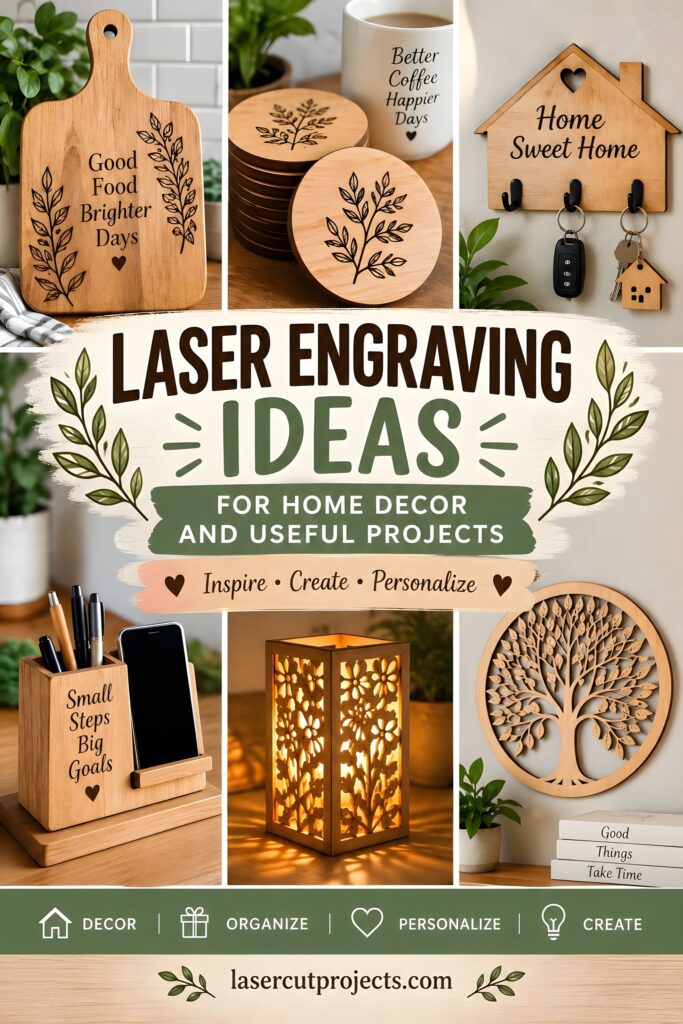 10 Best Useful Laser Engraving Projects for Home: Ideas and Tips 1 Various laser engraving projects for home including cutting boards, coasters, key holder, phone organizer, decorative lamp