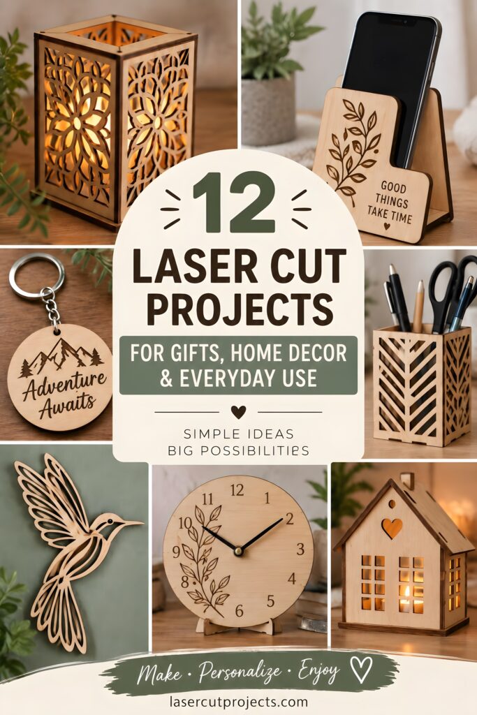 12 Laser Cut Projects for Gifts, Decor and Everyday Use 1 Various laser cut projects for gifts including a decorative lantern, phone stand, keychain, pen holder, hummingbird