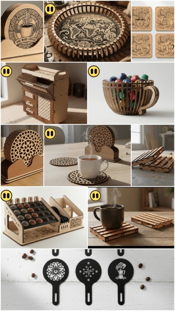 Laser Engraving Projects for Gifts, Signs and Home Decor 3 Laser engraving projects for gifts and home including coffee-themed coasters, trays, and decorative items with retro style