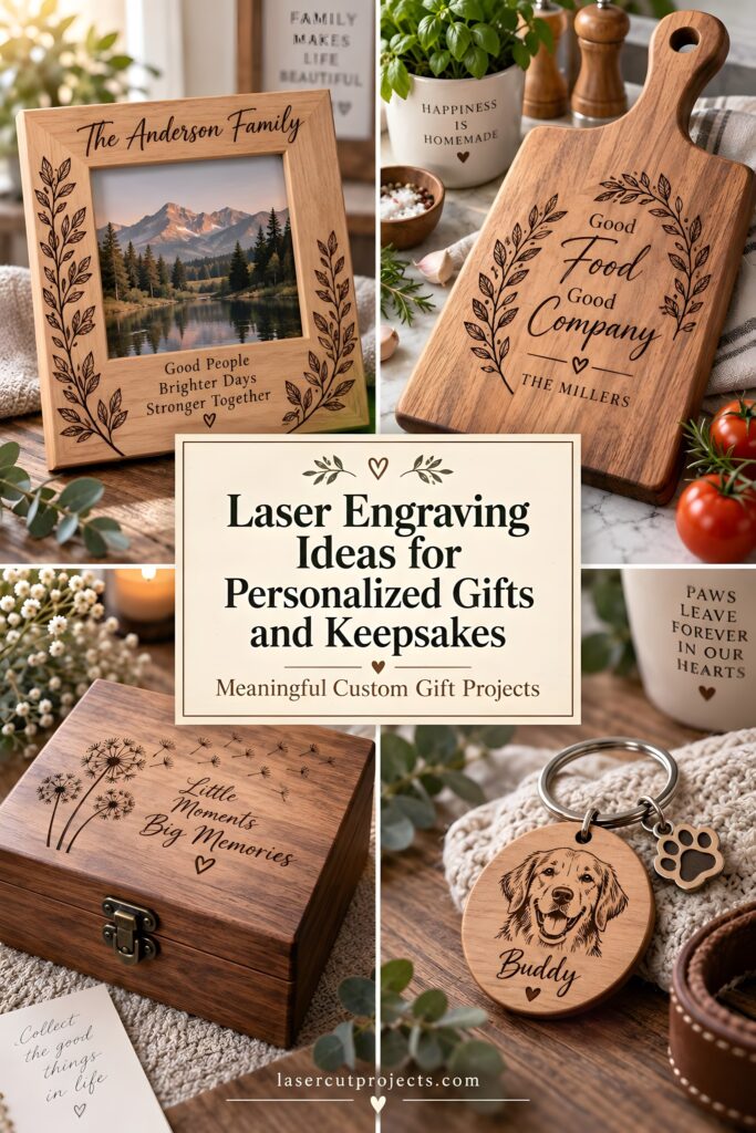 12 Laser Engraving Ideas for Personalized Gifts and Keepsakes 1 personalized laser engraving gift ideas including family name frame, engraved cutting board, memory box, and pet keychain