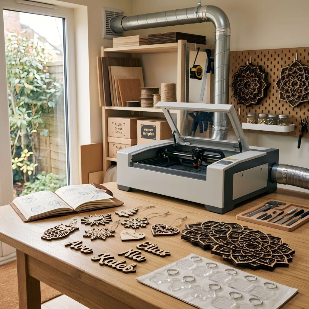 Fiber Laser vs CO2 Laser: Key Differences 7 fiber laser vs CO2 laser differences shown by laser cutter and wooden craft pieces on workshop table