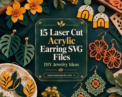 15 laser cut acrylic earring SVG files displayed with various colorful floral and geometric earring designs on a dark