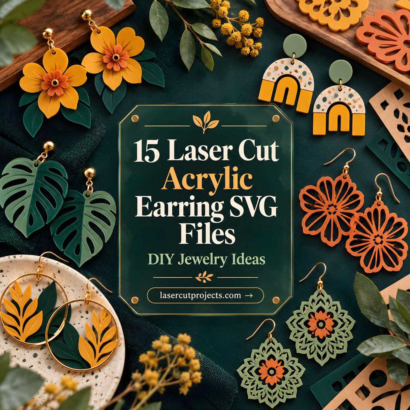 15 laser cut acrylic earring SVG files displayed with various colorful floral and geometric earring designs on a dark