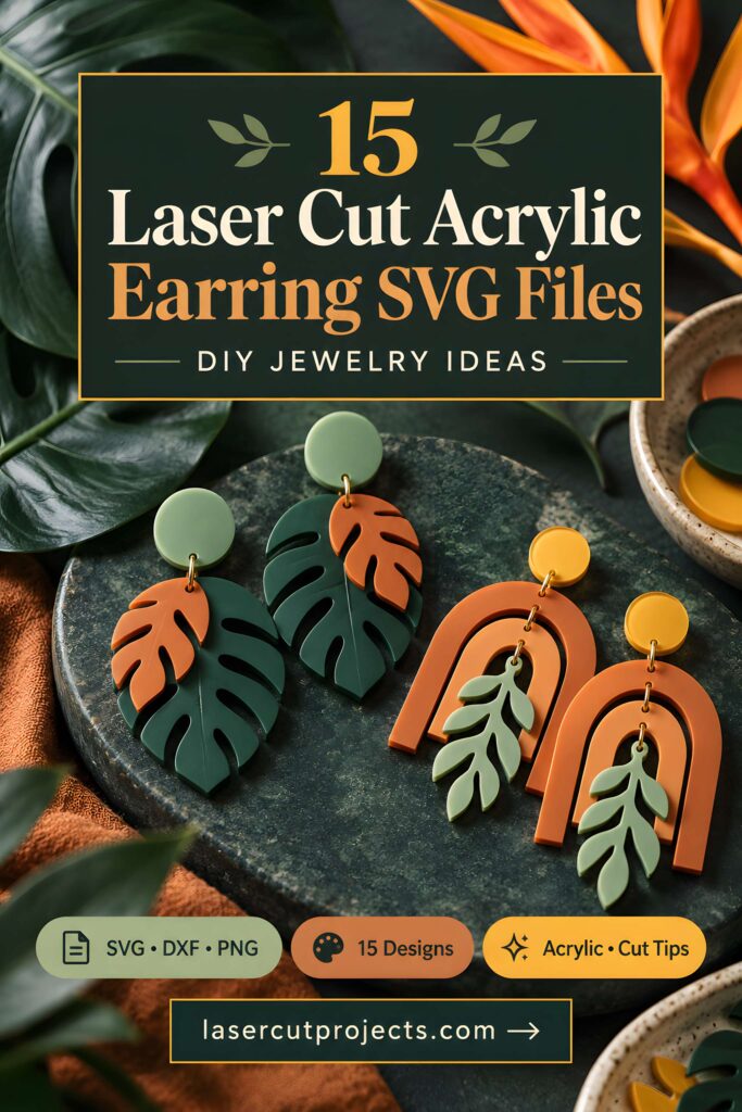 15 Laser Cut Acrylic Earring SVG Files 1 15 laser cut acrylic earring SVG files displayed with green and orange leaf and arch designs