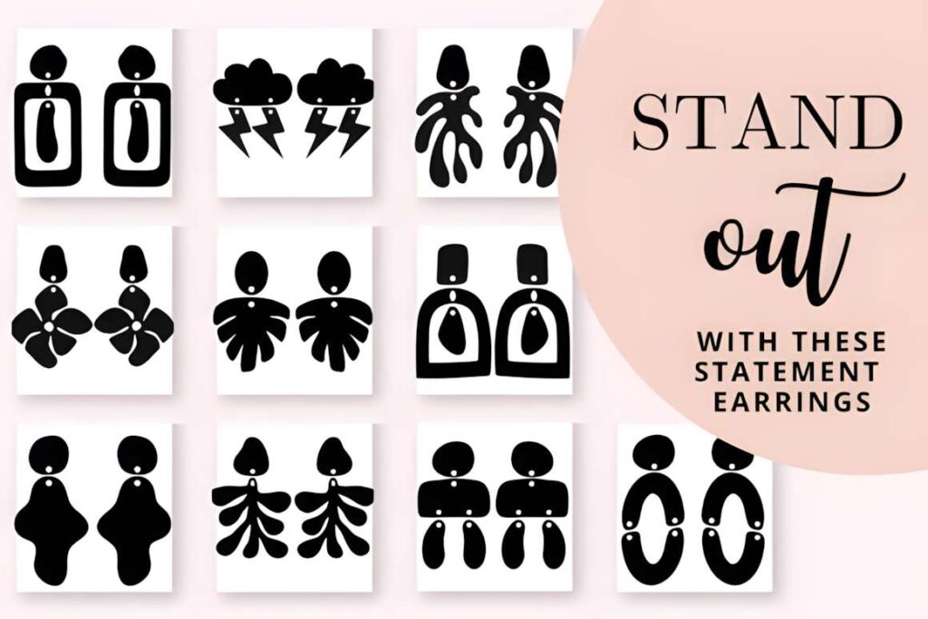 15 Laser Cut Acrylic Earring SVG Files 11 15 laser cut acrylic earring SVG files showing various bold statement earring designs in black silhouettes