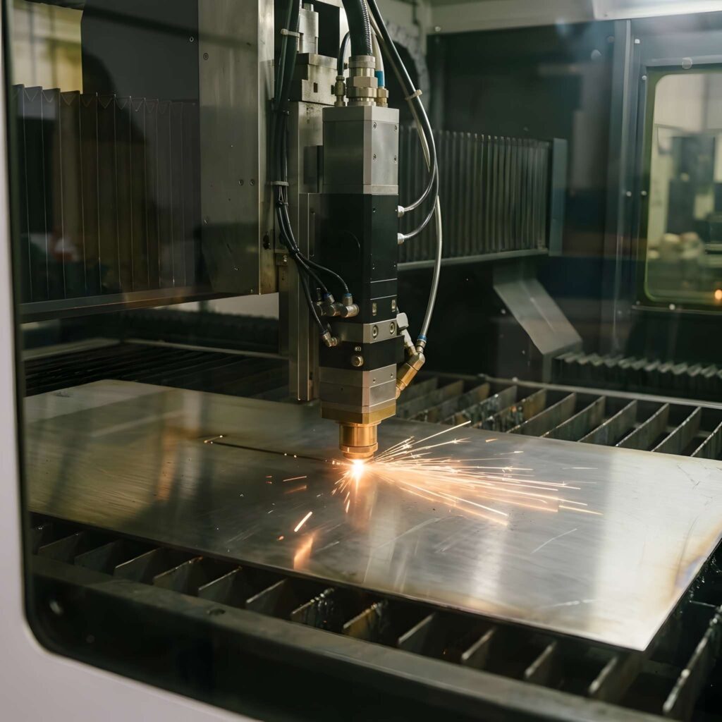Fiber Laser vs CO2 Laser: Key Differences 2 fiber laser vs CO2 laser differences shown by a laser cutting metal sheet with sparks
