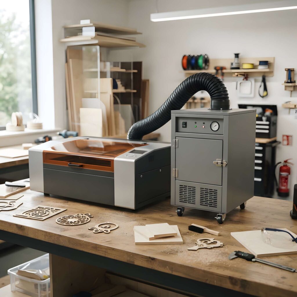 Laser Cutter Ventilation: What You Need to Know 3 Laser cutter ventilation system connected to a laser cutter in a workshop with wooden cutouts on the table